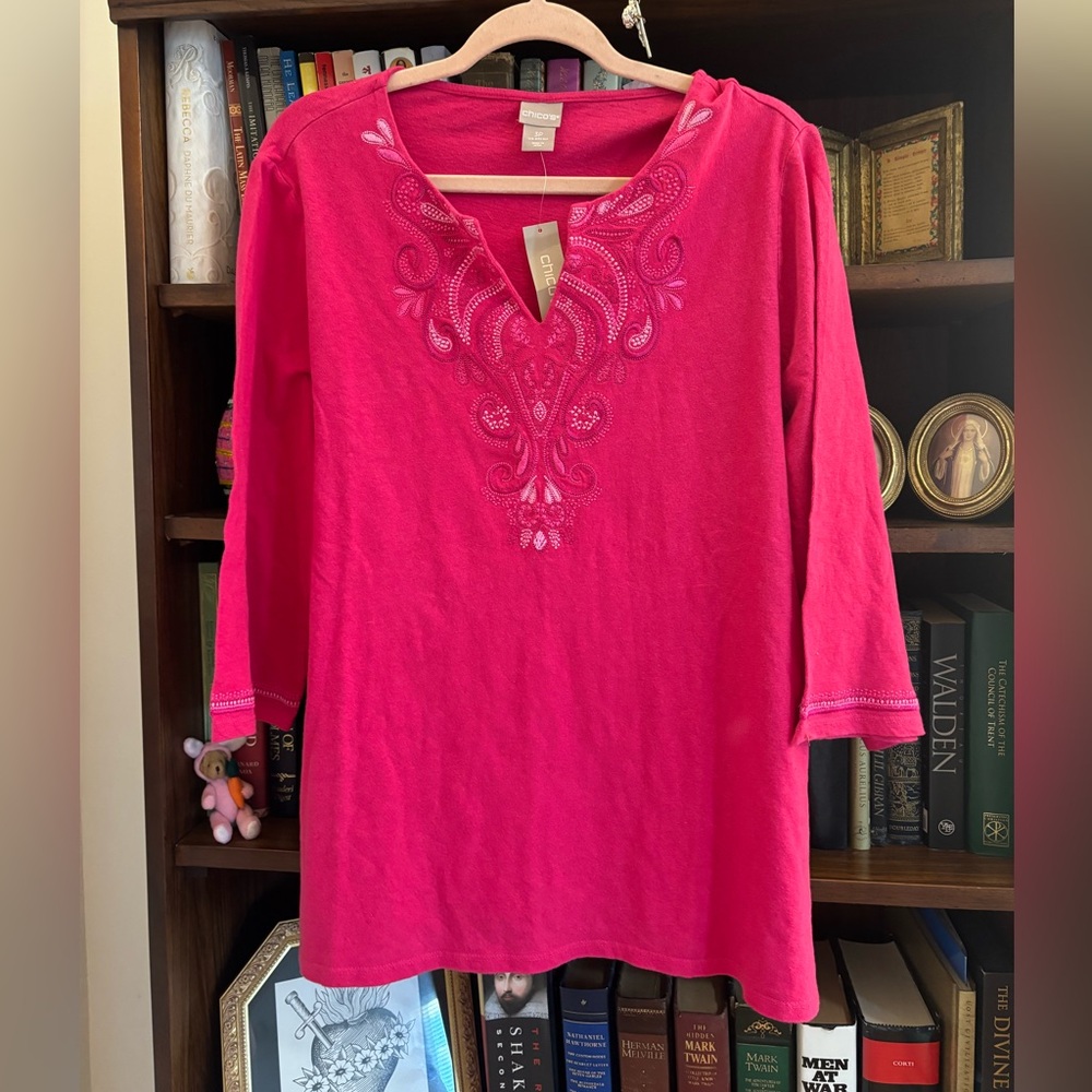 CHICOS Knit Embrodiered Tunic Cotton Linen Blend Boho Summerberry Size 3P XLP